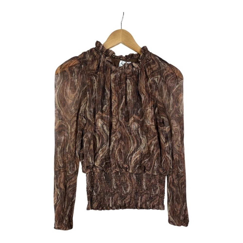 Joie Womens Chiffon Floral Long Sleeve Boho Top Brown Pleated Elastic Size M